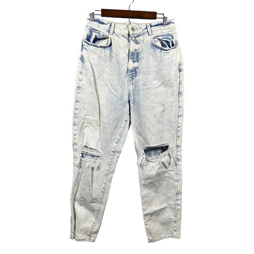 ZARA Women Acid Wash Distressed Ripped Mom Jeans Light Blue Size 10
